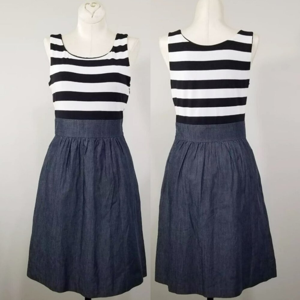 The Limited Denim Striped Fit Flare Dress 0 Pockets Nautical Preppy Rugby Mini